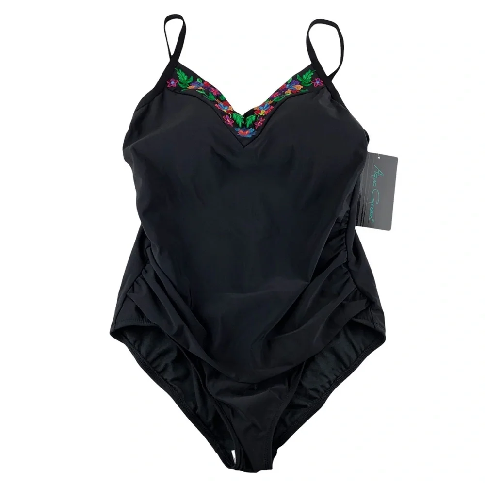 New Aqua Green Embroidered Floral One Piece Swimsuit Black 20W